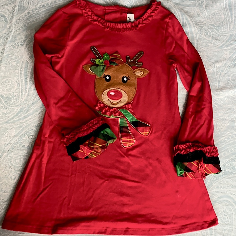 Holiday dress with reindeer appliqué
